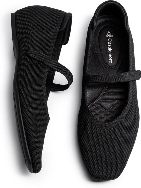 Women Black Knit Square Toe Arch Support and Concealed Low Wedge Ballet Flats - Picture 1 of 8